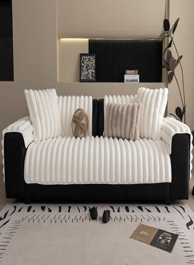 XSlive Faux Rabbit Fur Couch Sofa Cover Washable, Shaggy Fuzzy Sectional Couch Cover, Stripe Non-Slip Soft Plush Sofa Slipcover Furniture Protector for Dogs, Pets (Ivory,28"x28") - Image 2